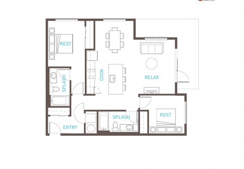 Floor plan for 2 beds, 2 baths, 976 sqft